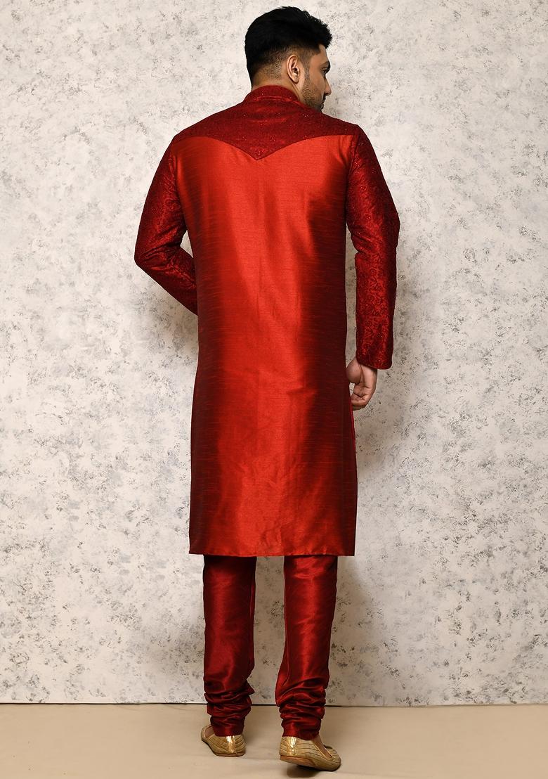 Maroon Embroidered Silk Kurta Set For Men