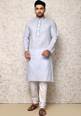 Sky Blue Embroidered Cotton Kurta Set For Men