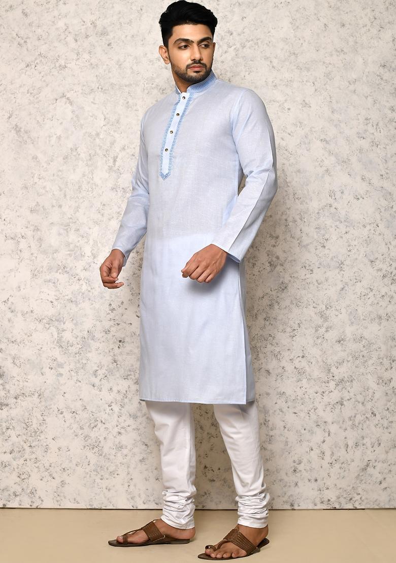 Sky Blue Embroidered Cotton Kurta Set For Men