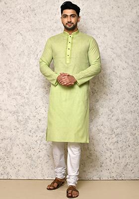 Green Embroidered Cotton Kurta Set For Men