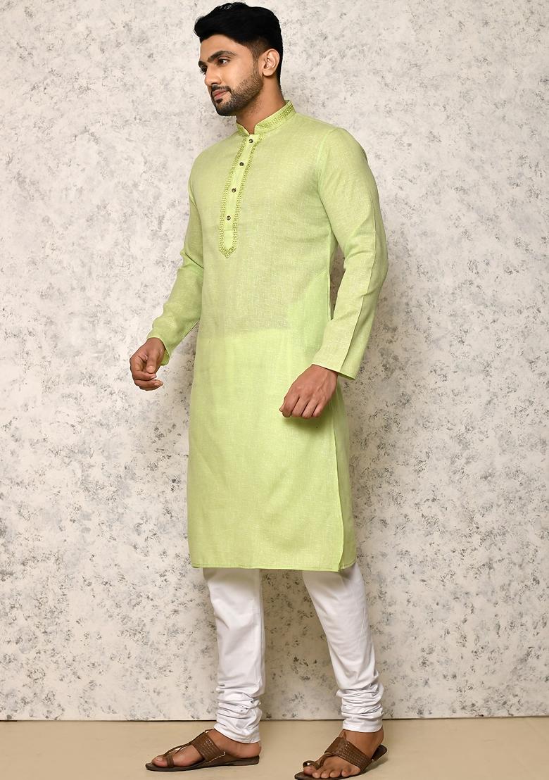 Green Embroidered Cotton Kurta Set For Men