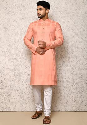 Rust Embroidered Cotton Blend Kurta Set For Men