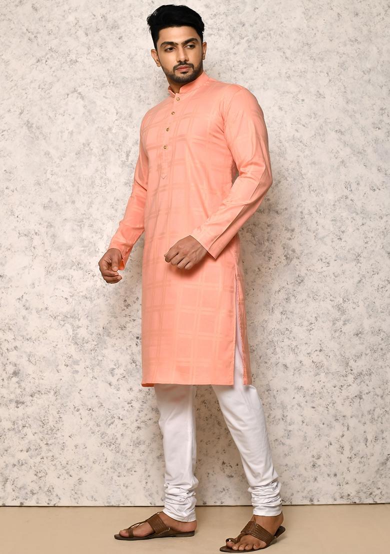Rust Embroidered Cotton Blend Kurta Set For Men