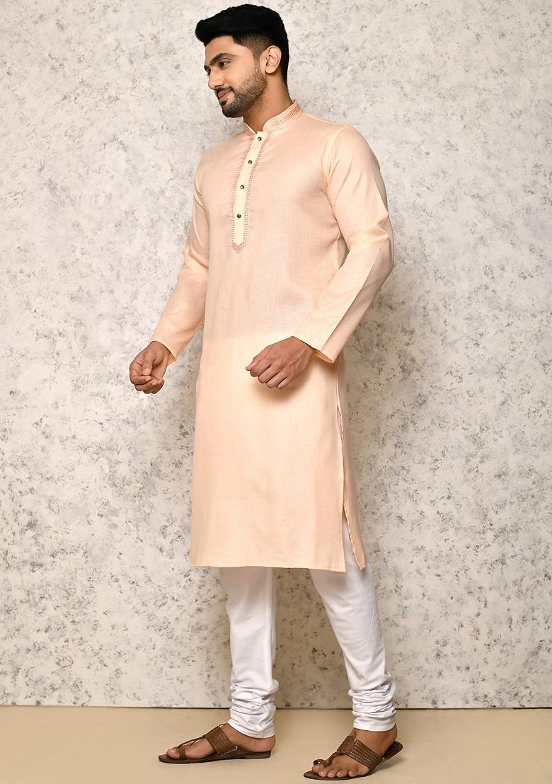 Rust Embroidered Cotton Kurta Set For Men
