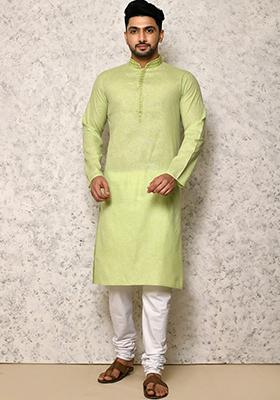 Pastel Embroidered Cotton Kurta Set For Men