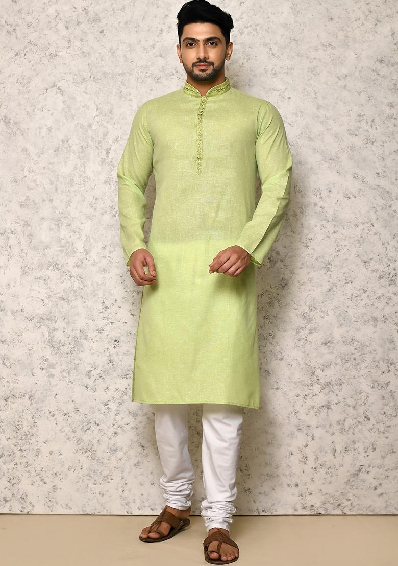 Pastel Embroidered Cotton Kurta Set For Men