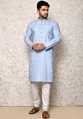 Sky Blue Embroidered Cotton Blend Kurta Set For Men