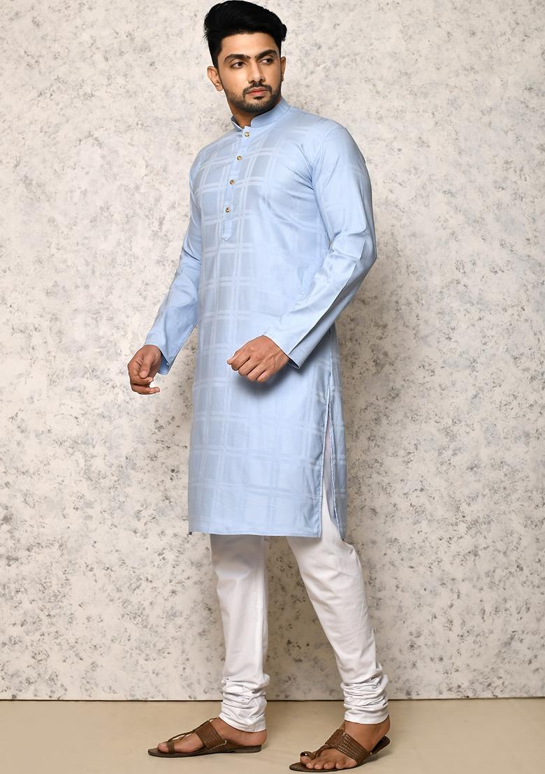 Sky Blue Embroidered Cotton Blend Kurta Set For Men