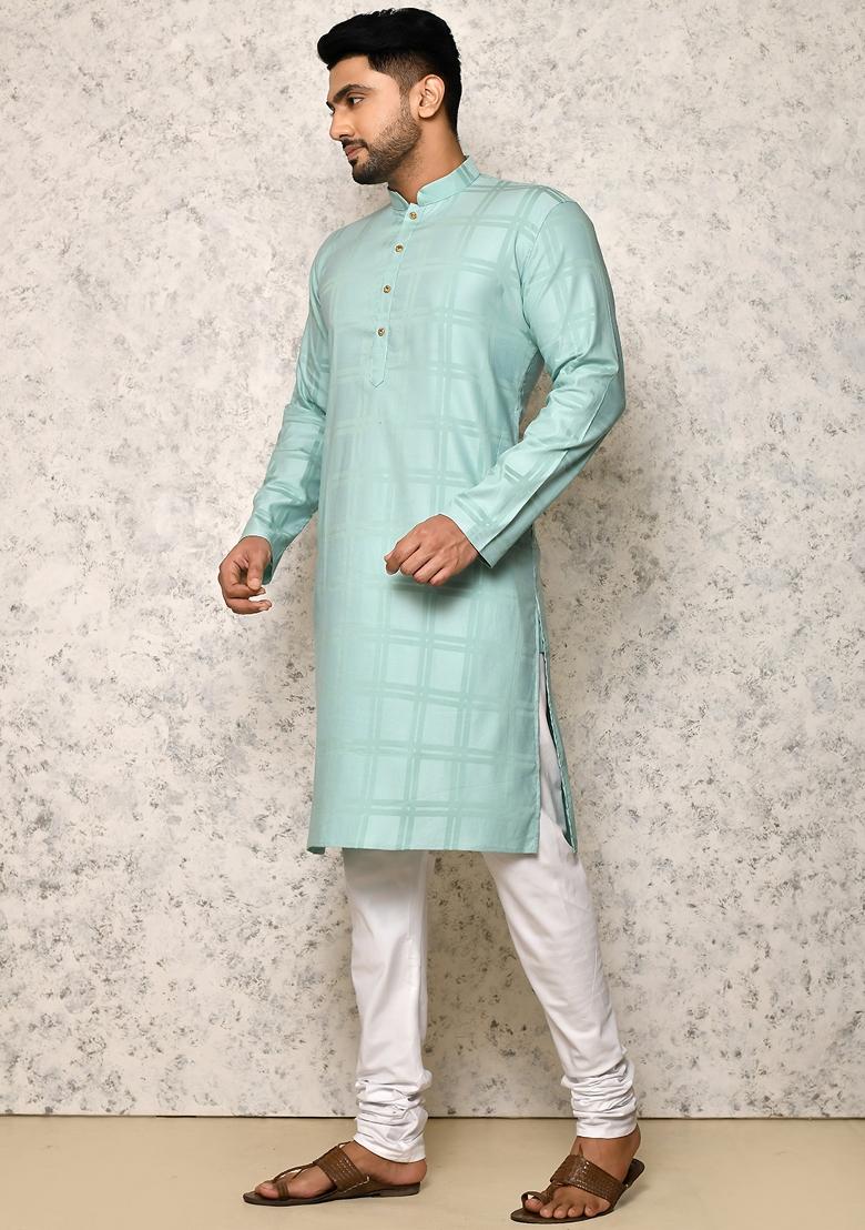 Green Embroidered Cotton Blend Kurta Set For Men