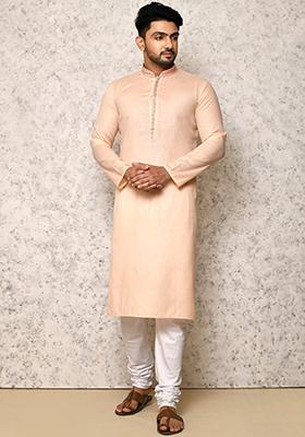 Beige Embroidered Cotton Kurta Set For Men