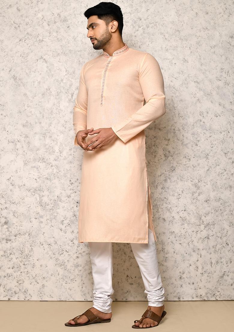 Beige Embroidered Cotton Kurta Set For Men