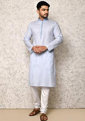 Sky Blue Embroidered Cotton Kurta Set For Men