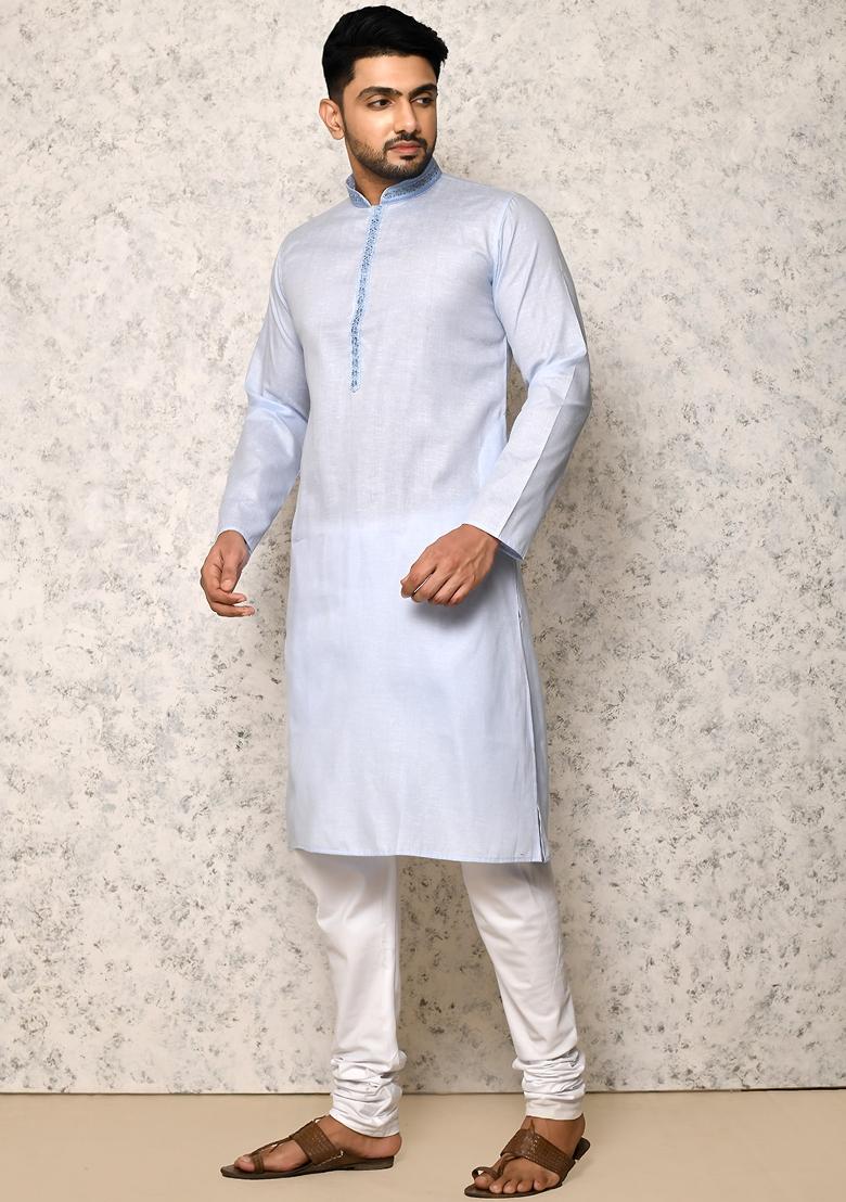 Sky Blue Embroidered Cotton Kurta Set For Men