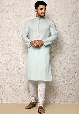 Green Embroidered Cotton Kurta Set For Men