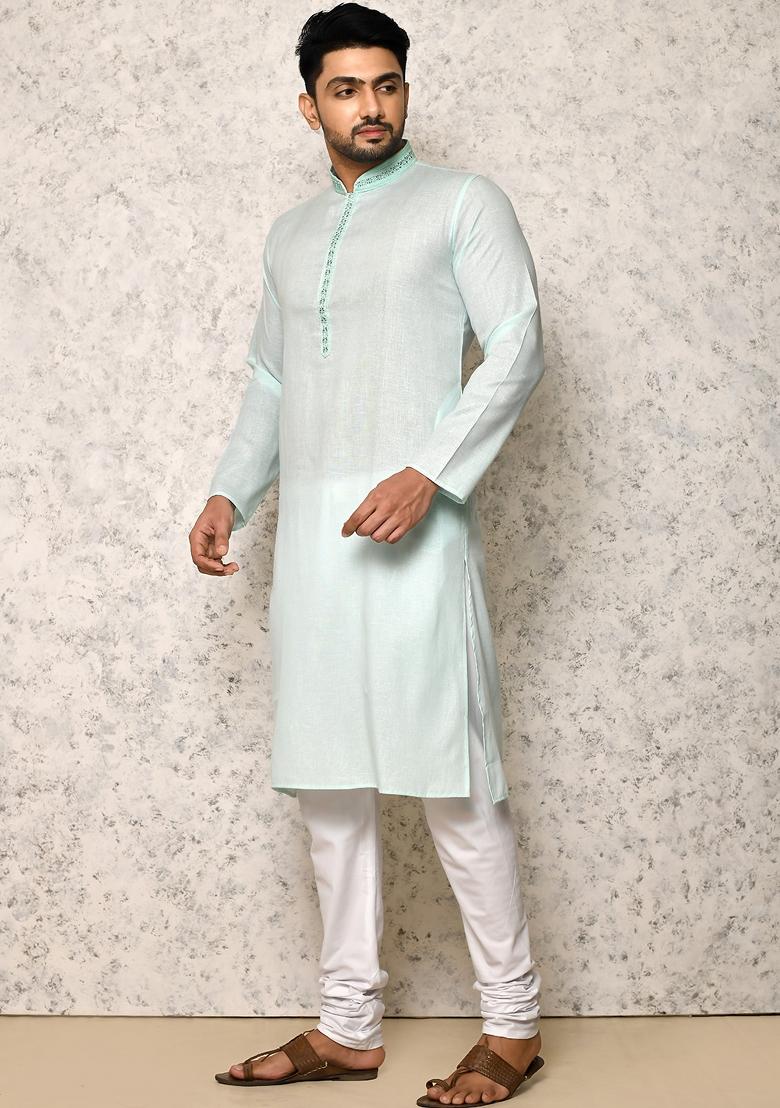 Green Embroidered Cotton Kurta Set For Men