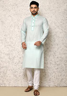 Pastel Embroidered Cotton Kurta Set For Men