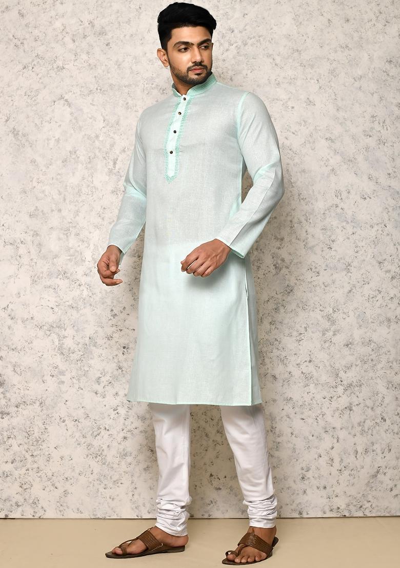 Pastel Embroidered Cotton Kurta Set For Men