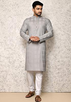 Grey Embroidered Cotton Blend Kurta Set For Men