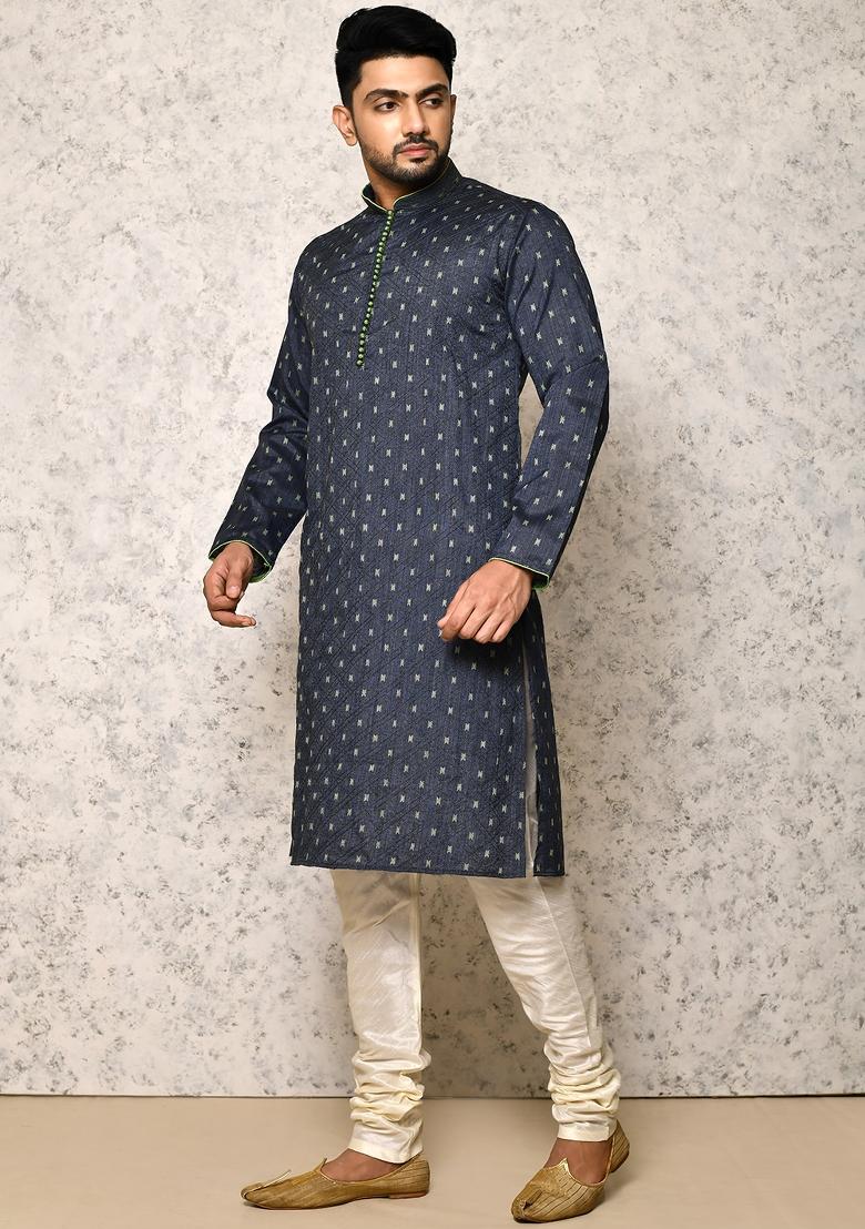 Grey Embroidered Cotton Blend Kurta Set For Men