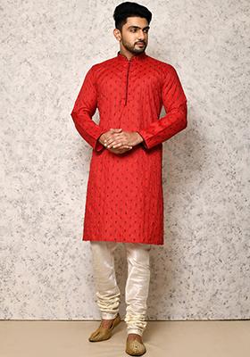 Red Embroidered Cotton Blend Kurta Set For Men