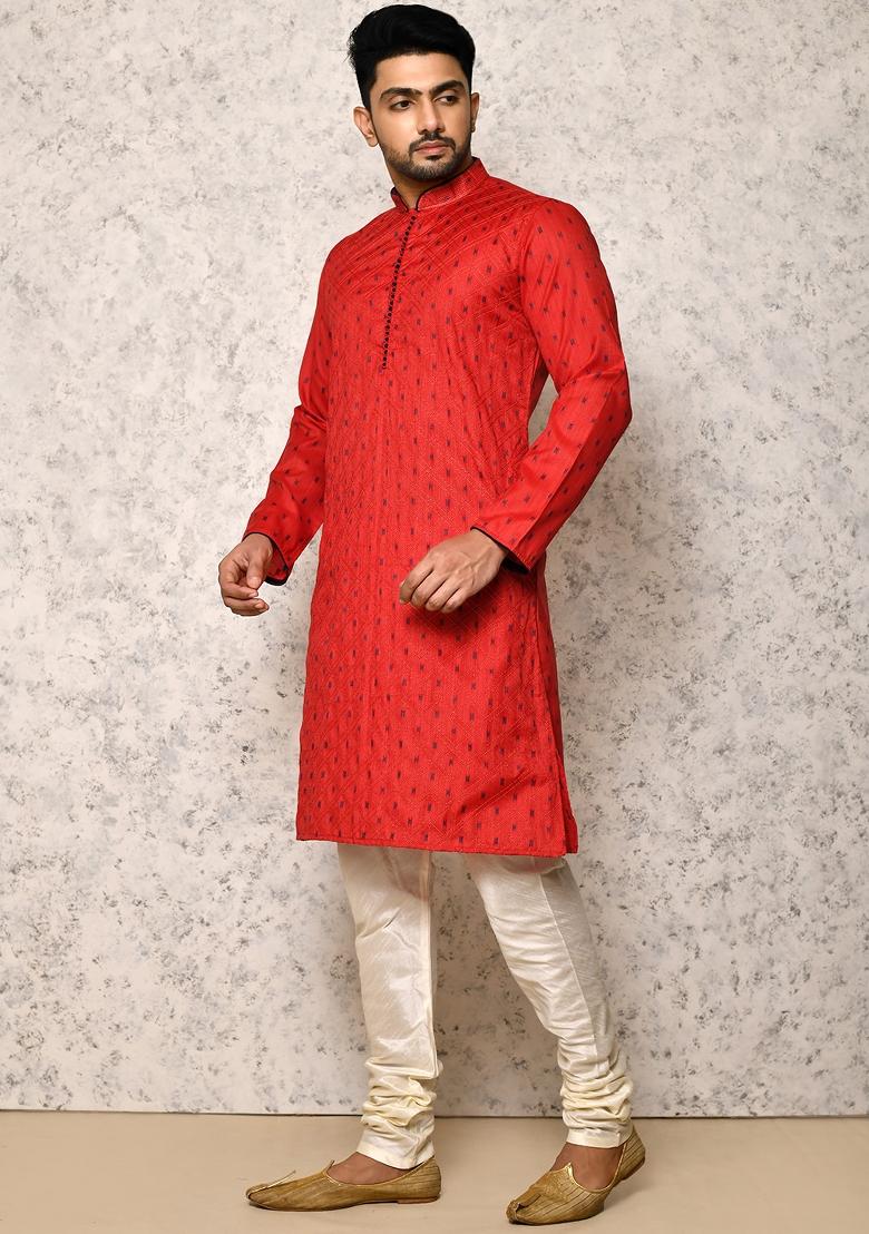 Red Embroidered Cotton Blend Kurta Set For Men