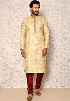 Gold Embroidered Jacquard Kurta Set For Men