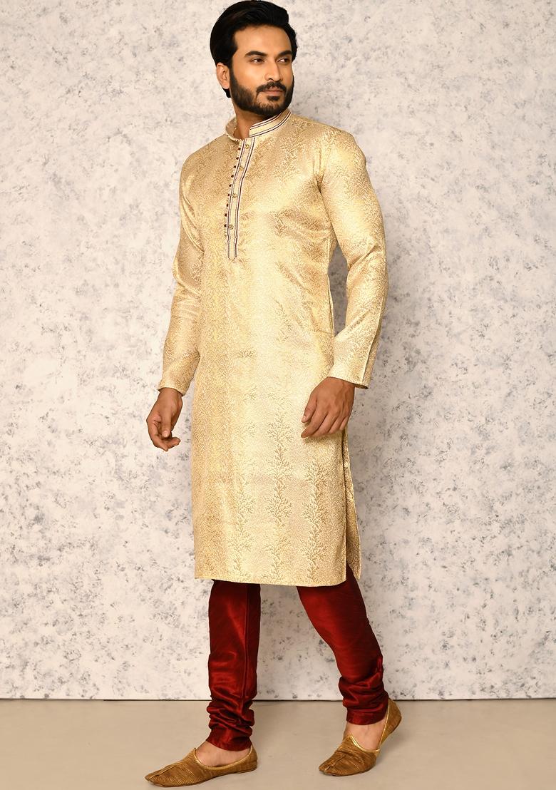 Gold Embroidered Jacquard Kurta Set For Men