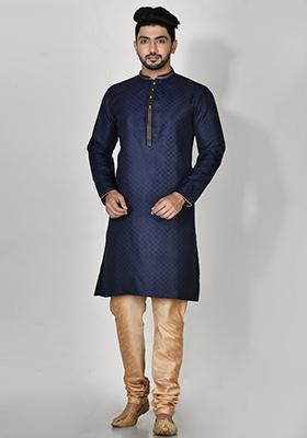 Blue Embroidered Silk Kurta Set For Men