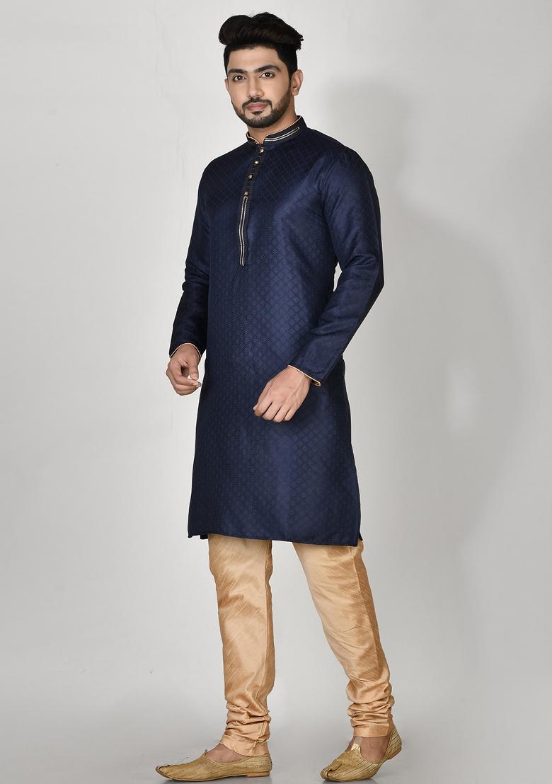 Blue Embroidered Silk Kurta Set For Men