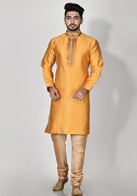 Yellow Embroidered Jacquard Kurta Set For Men