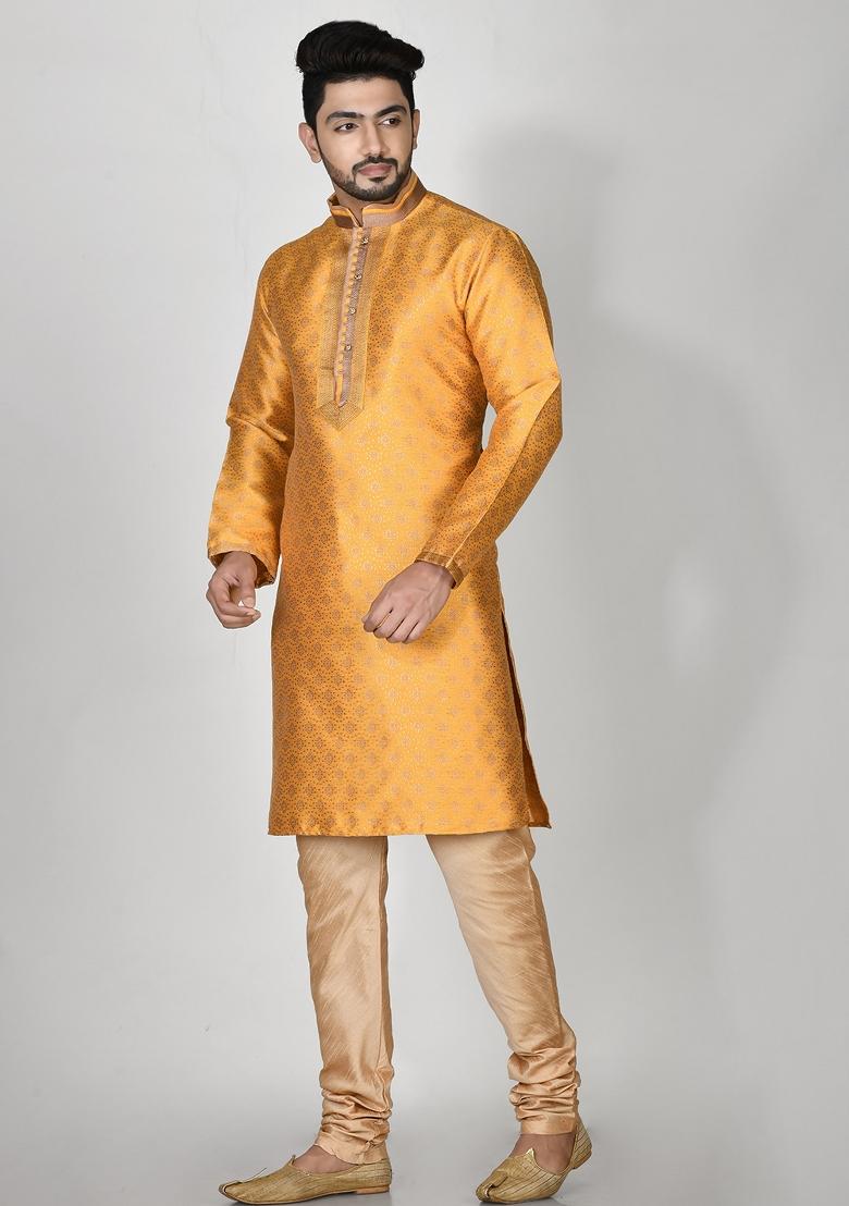 Yellow Embroidered Jacquard Kurta Set For Men
