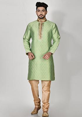 Pista Green Embroidered Jacquard Kurta Set For Men