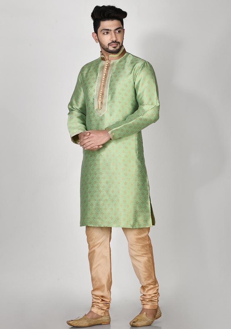 Pista Green Embroidered Jacquard Kurta Set For Men