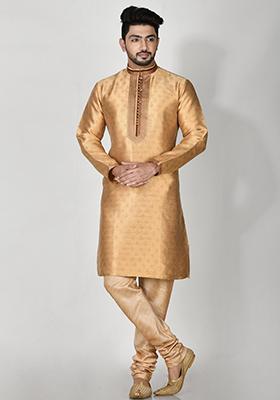 Gold Embroidered Jacquard Kurta Set For Men