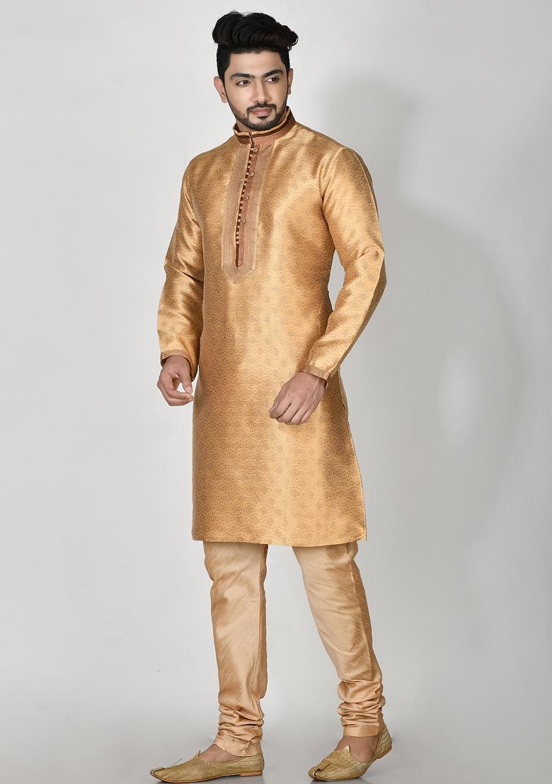 Gold Embroidered Jacquard Kurta Set For Men