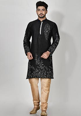 Black Embroidered Silk Kurta Set For Men