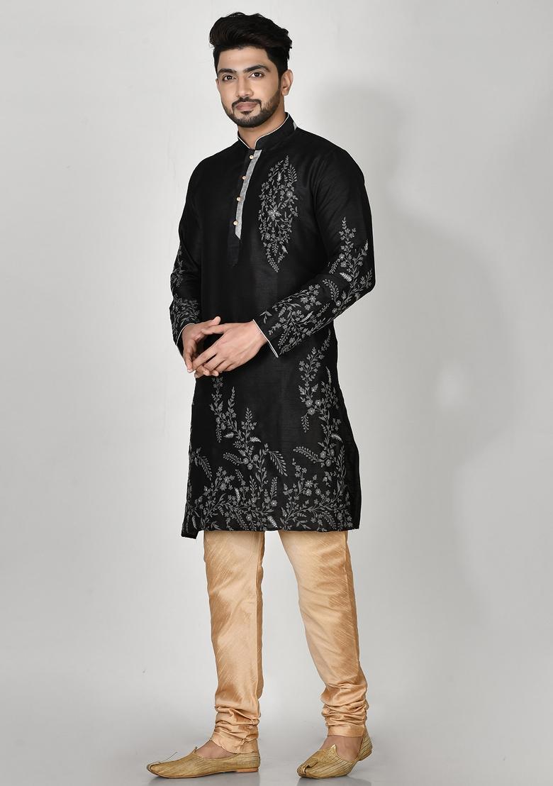 Black Embroidered Silk Kurta Set For Men