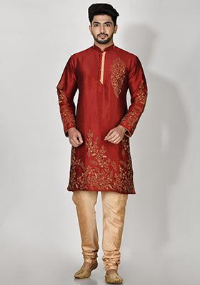 Maroon Embroidered Silk Kurta Set For Men