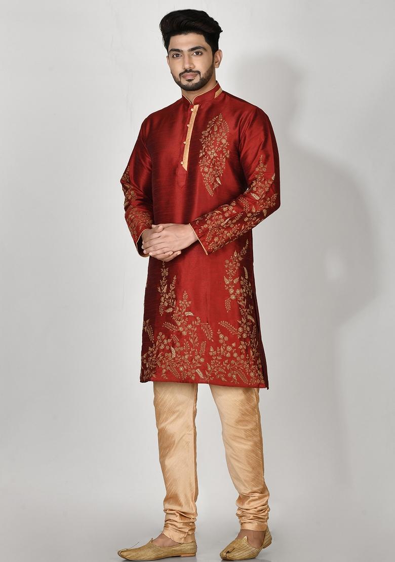 Maroon Embroidered Silk Kurta Set For Men