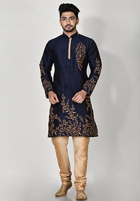 Blue Embroidered Silk Kurta Set For Men