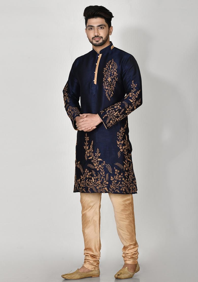 Blue Embroidered Silk Kurta Set For Men