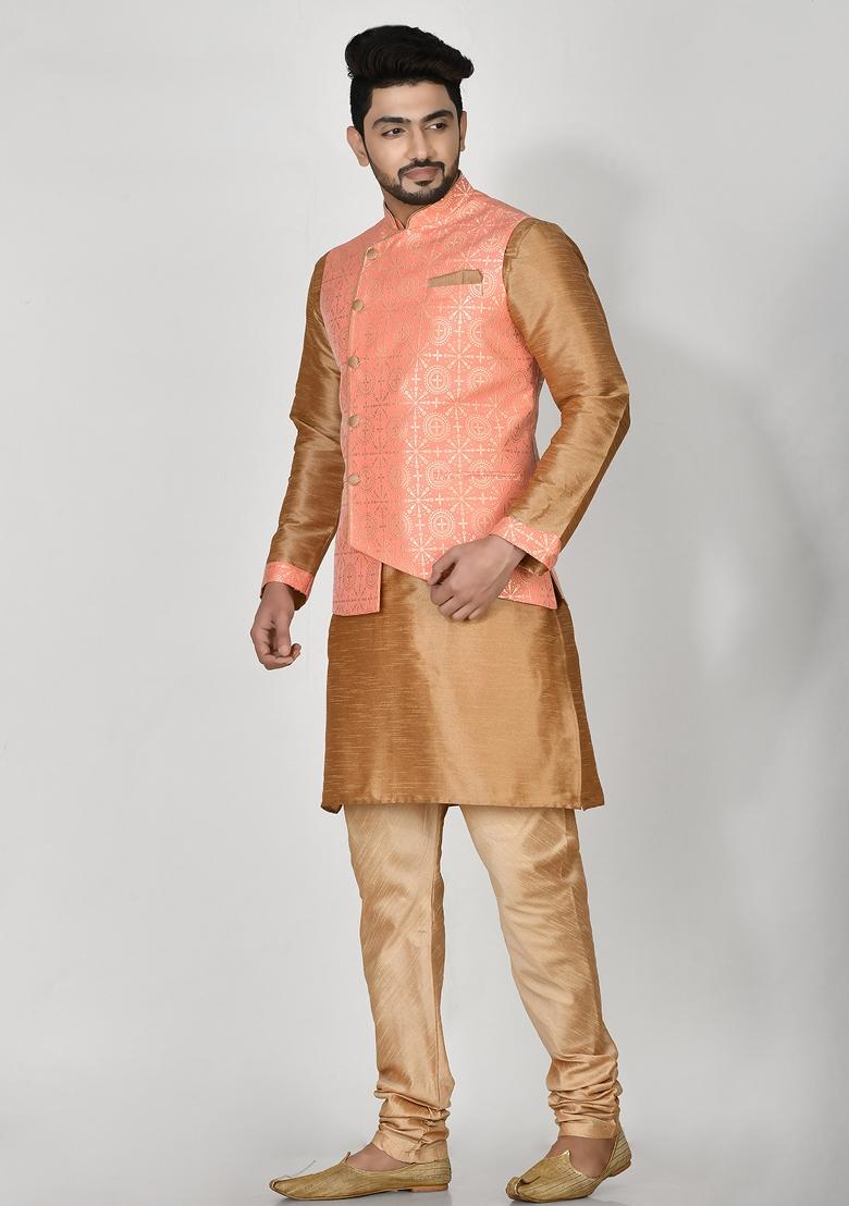 Pink Printed Jacquard Kurta Set For Men