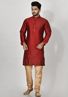 Maroon Embroidered Silk Kurta Set For Men
