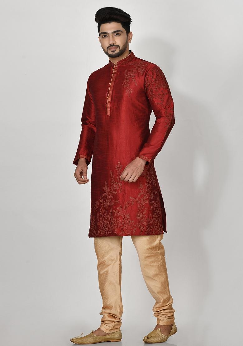 Maroon Embroidered Silk Kurta Set For Men