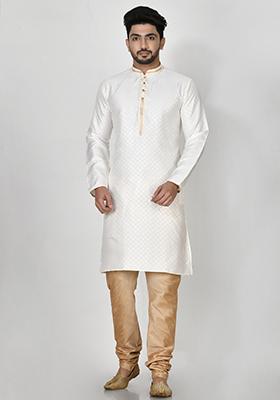 White Embroidered Silk Kurta Set For Men