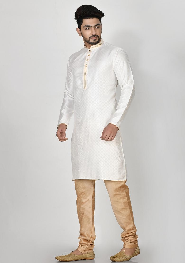 White Embroidered Silk Kurta Set For Men
