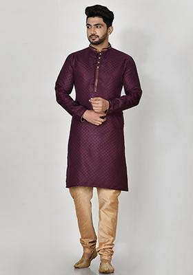 Wine Embroidered Silk Kurta Set For Men