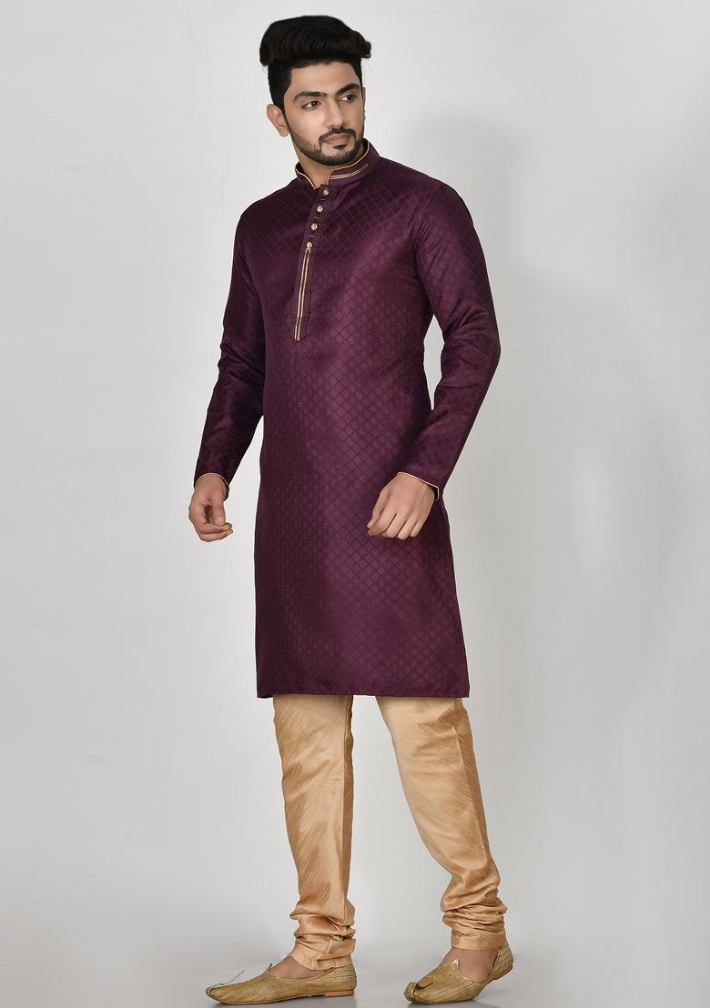 Wine Embroidered Silk Kurta Set For Men