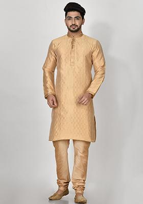 Gold Embroidered Silk Kurta Set For Men