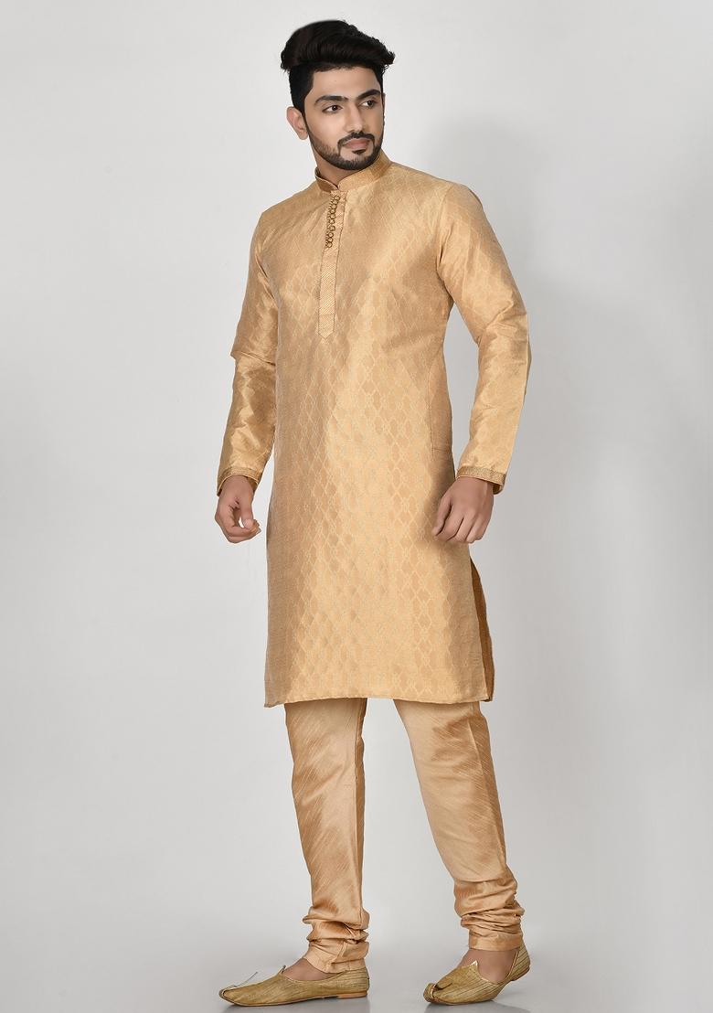 Gold Embroidered Silk Kurta Set For Men